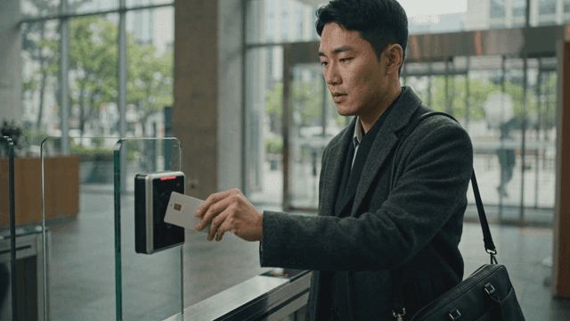 Man scanning card at company speed gate