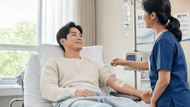 Patient receiving IV drip in hospital room