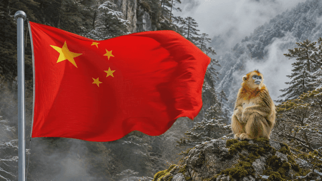 Golden monkey sitting next to Chinese flag