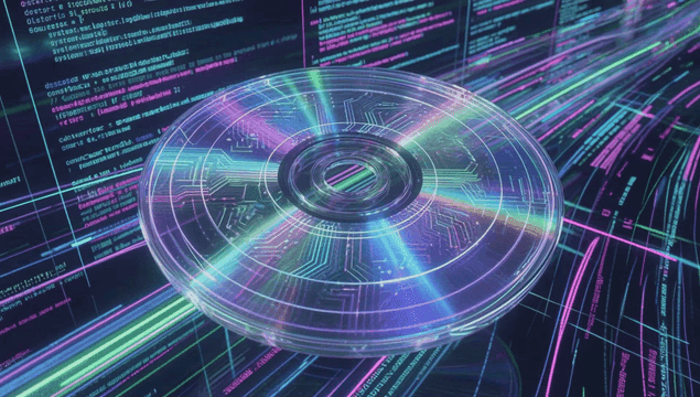 코드 배경의 컬러풀한 디지털 디스크