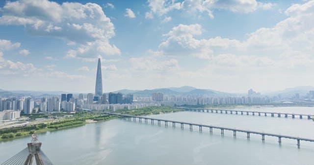 City skyline with a river and bridge