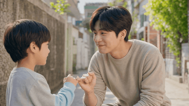 Man making promise to child in alley
