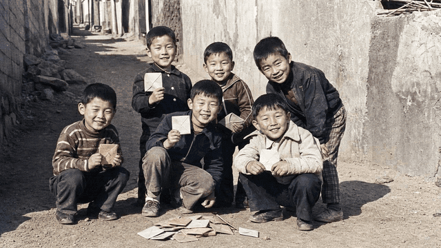 Children playing ddakji in village alley in 70s