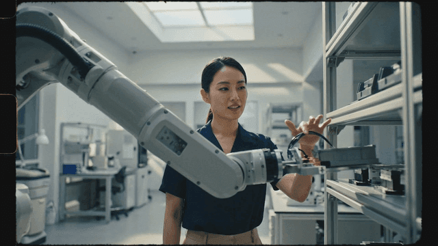 Robot arm and female scientist in laboratory