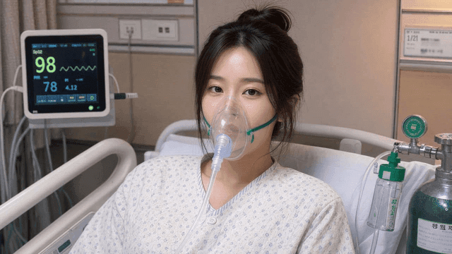 Female patient in bed wearing oxygen mask