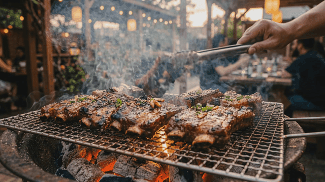Sizzling marinated pork ribs on barbecue