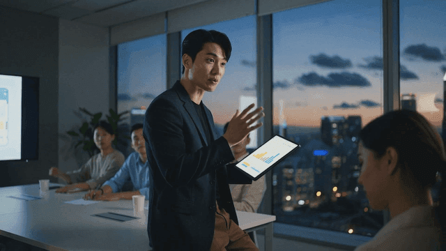 Man giving business presentation with tablet in dark conference room