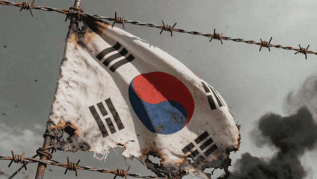 전장에서 바람에 휘날리는 낡은 태극기