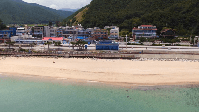 Train tracks beside a serene beach