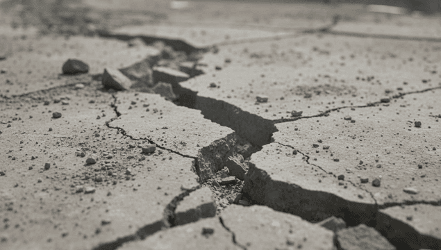 Cracked concrete ground with scattered stones