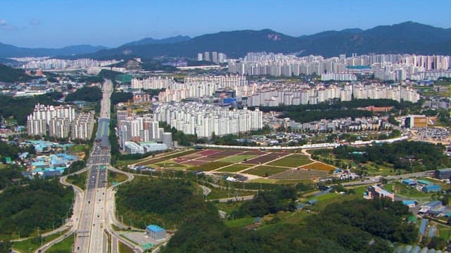 도시 정원과 붐비는 도로의 항공 촬영