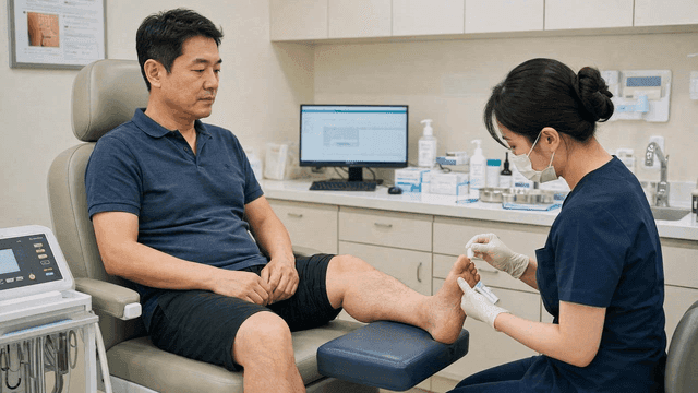 A doctor treating a patient's foot in a clinic