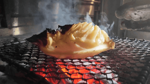 Grilling cabbage over charcoal flames