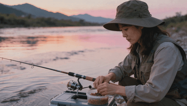 해질녘 강가에서 낚시하는 여성