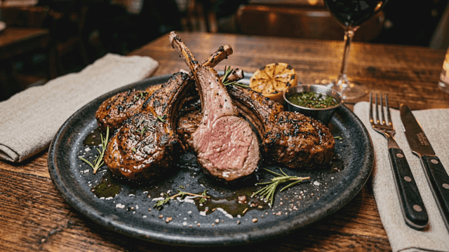 Grilled lamb chops on a plate with herbs