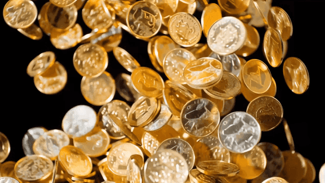 Gold coins falling against a dark background