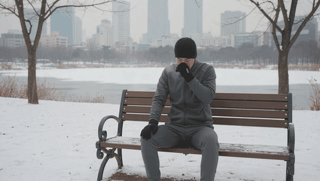 Man sitting on a snowy park bench