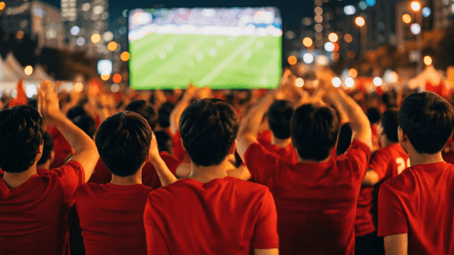 Crowd watching a soccer match on a big screen