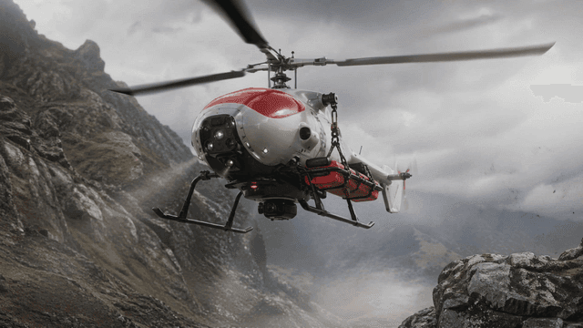 Unmanned helicopter flying over rugged mountains