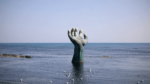 바다에 있는 큰 손 조각상