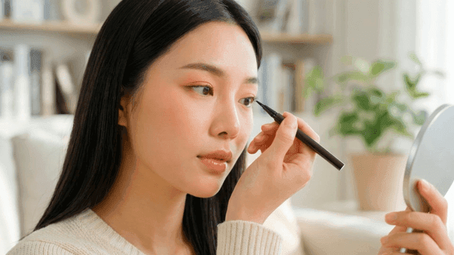 Woman applying eye makeup with eyeliner