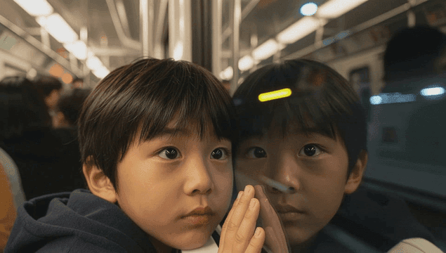 지하철 창밖을 바라보는 남자 아이