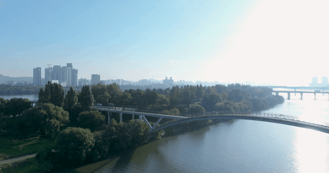 도시 스카이라인이 보이는 강 위의 다리