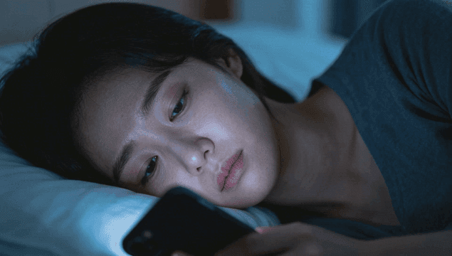 Young woman using a smartphone while lying in bed at night