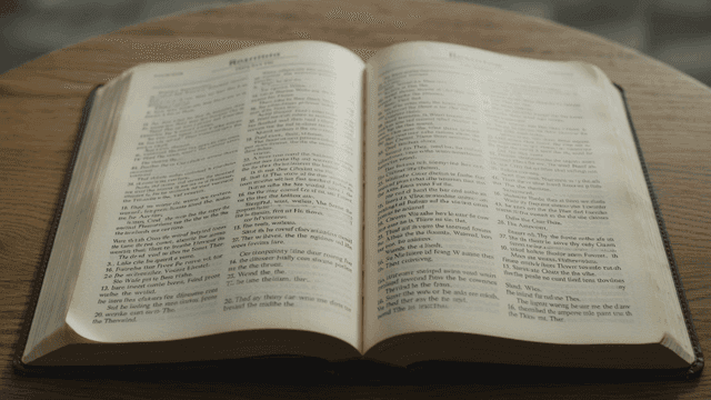 Bible spread out on wooden table