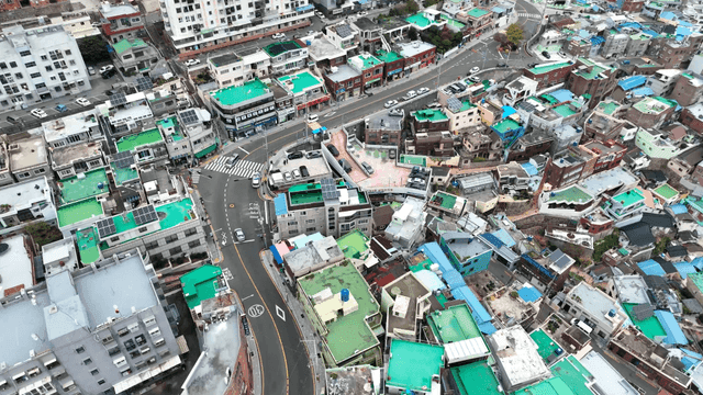 Colorful rooftops in a dense urban area