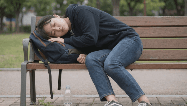 Young woman sleeping on a park bench