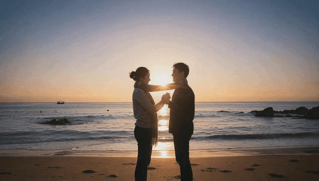 Couple embracing on a beach at sunrise