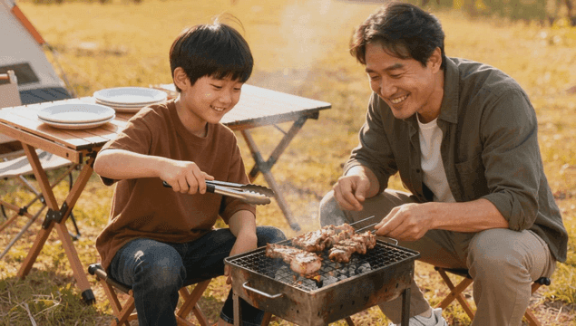 캠핑장에서 바비큐를 즐기는 아버지와 아들