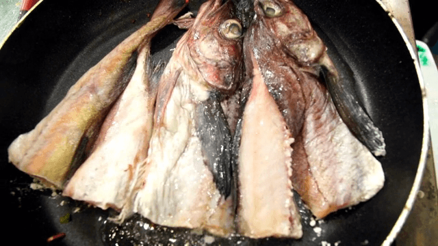 Trimmed pollack in a frying pan