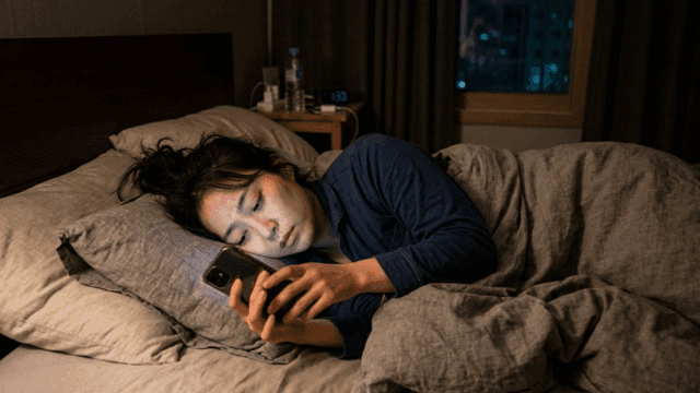 밤에 침대에서 스마트폰을 사용하는 여성