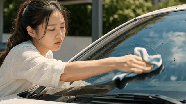 Wiping dead insects off car window and woman