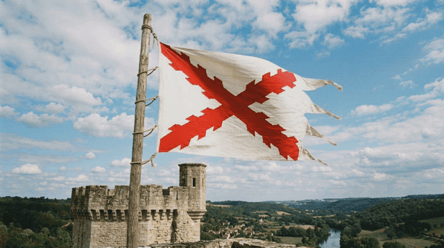 Historic castle with flag of Burgundy Cross flying