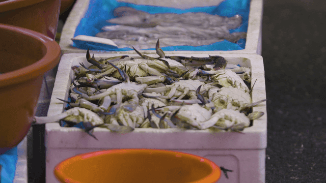 Crabs in styrofoam container at seafood market