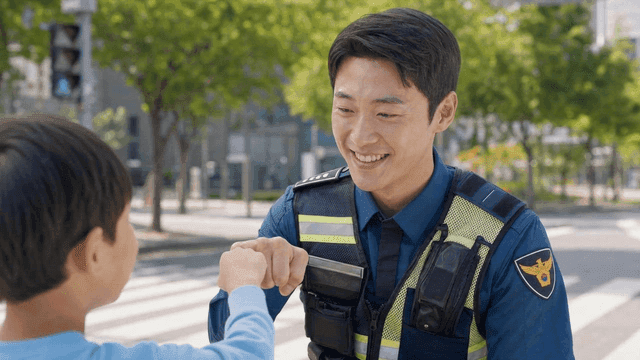 Police officer exchanging fist bump with child
