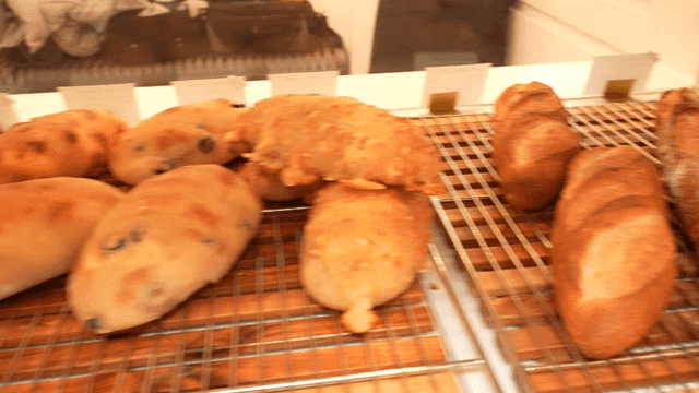 Various breads displayed in bakery