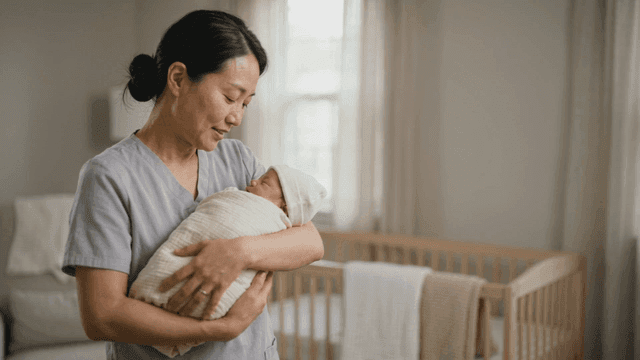 Postpartum care worker at postpartum care center gently holding newborn baby