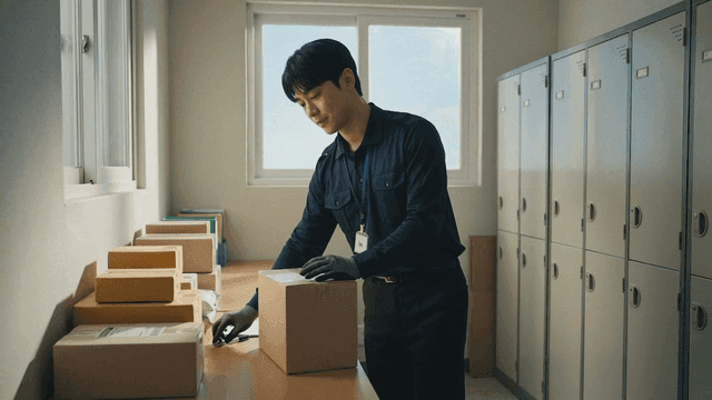 Young security guard organizing packages