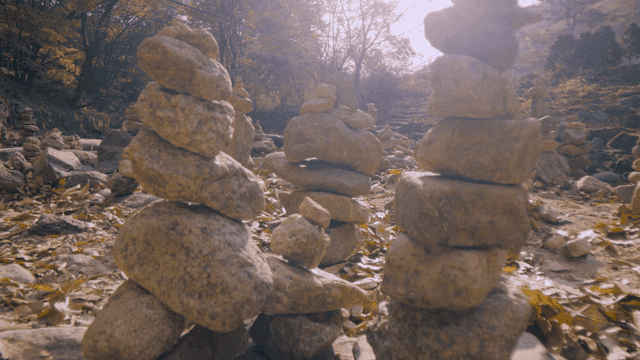 고요한 숲속의 쌓인 돌탑