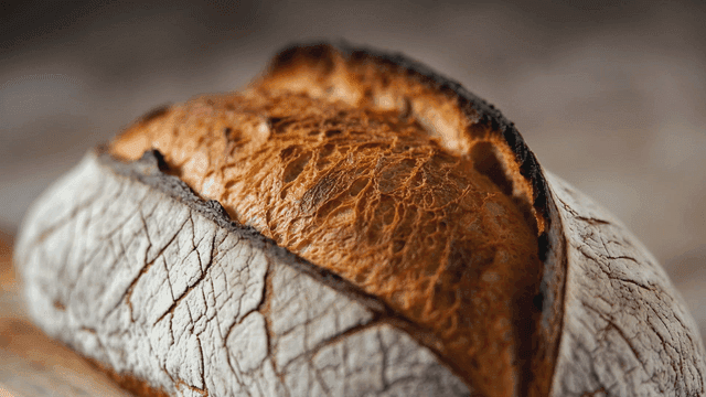 Freshly baked sourdough on wooden cutting board