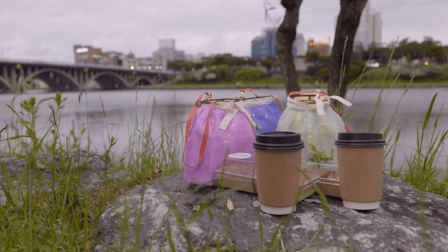 도시 전망이 있는 강가의 피크닉 세팅