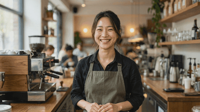 Smiling barista in cozy cafe
