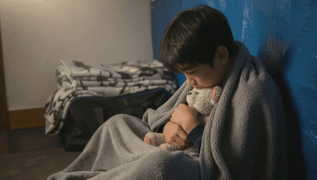 담요에 싸여 곰인형을 안고 있는 아이