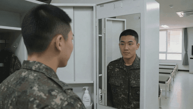Soldier organizing his uniform while looking at cabinet in dormitory