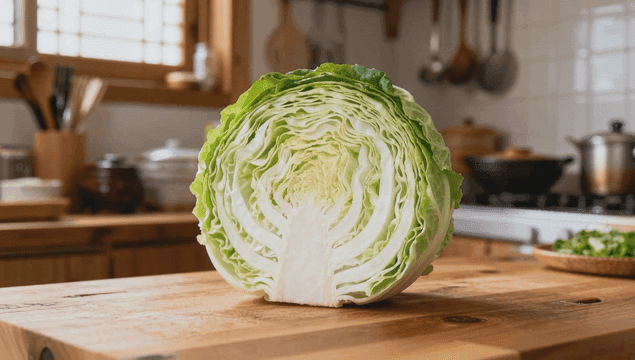 주방 테이블 위에 반으로 자른 신선한 양배추