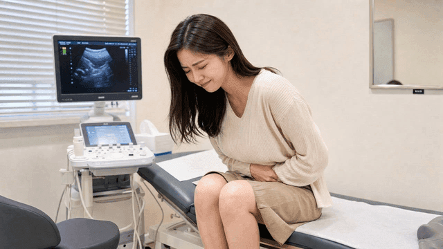Female patient experiencing abdominal pain at clinic